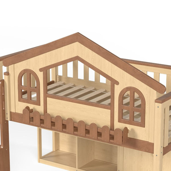 English Elm Full House Shaped Kids Loft Bed Solid Wood Frame with Cabinet Stairs and Shelves Natural MDF,Pine,Plywood W5305S00248