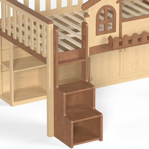 English Elm Full House Shaped Kids Loft Bed Solid Wood Frame with Cabinet Stairs and Shelves Natural MDF,Pine,Plywood W5305S00248