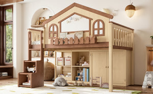 English Elm Full House Shaped Kids Loft Bed Solid Wood Frame with Cabinet Stairs and Shelves Natural MDF,Pine,Plywood W5305S00248