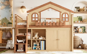 English Elm Full House Shaped Kids Loft Bed Solid Wood Frame with Cabinet Stairs and Shelves Natural MDF,Pine,Plywood W5305S00248