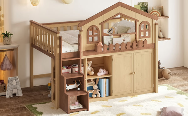English Elm Full House Shaped Kids Loft Bed Solid Wood Frame with Cabinet Stairs and Shelves Natural MDF,Pine,Plywood W5305S00248