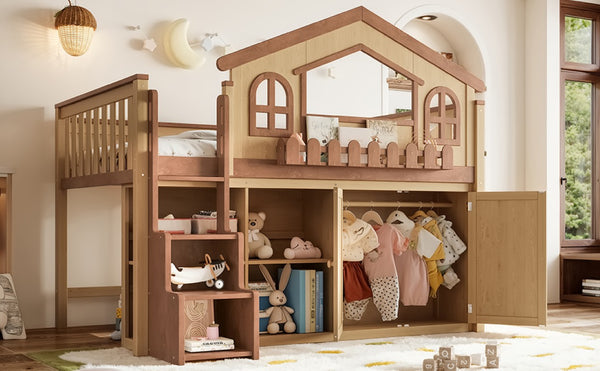 English Elm Full House Shaped Kids Loft Bed Solid Wood Frame with Cabinet Stairs and Shelves Natural MDF,Pine,Plywood W5305S00248