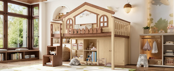 English Elm Full House Shaped Kids Loft Bed Solid Wood Frame with Cabinet Stairs and Shelves Natural MDF,Pine,Plywood W5305S00248