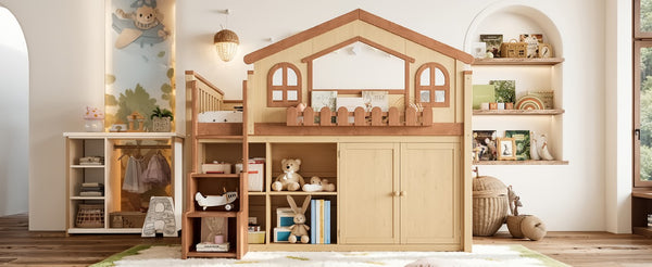 English Elm Full House Shaped Kids Loft Bed Solid Wood Frame with Cabinet Stairs and Shelves Natural MDF,Pine,Plywood W5305S00248