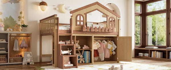 English Elm Full House Shaped Kids Loft Bed Solid Wood Frame with Cabinet Stairs and Shelves Natural MDF,Pine,Plywood W5305S00248
