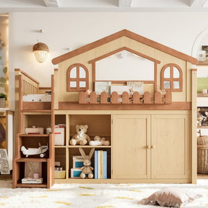 English Elm Full House Shaped Kids Loft Bed Solid Wood Frame with Cabinet Stairs and Shelves Natural MDF,Pine,Plywood W5305S00248