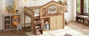 English Elm Full House Shaped Kids Loft Bed Solid Wood Frame with Cabinet Stairs and Shelves Natural MDF,Pine,Plywood W5305S00248