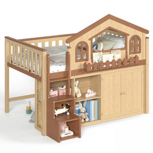 English Elm Full House Shaped Kids Loft Bed Solid Wood Frame with Cabinet Stairs and Shelves Natural MDF,Pine,Plywood W5305S00248
