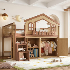English Elm Full House Shaped Kids Loft Bed Solid Wood Frame with Cabinet Stairs and Shelves Natural MDF,Pine,Plywood W5305S00248