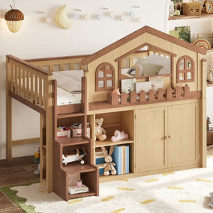 English Elm Full House Shaped Kids Loft Bed Solid Wood Frame with Cabinet Stairs and Shelves Natural MDF,Pine,Plywood W5305S00248