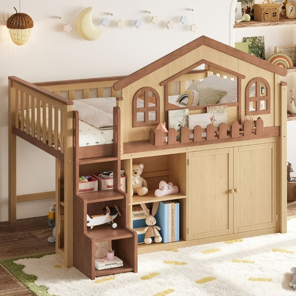 English Elm Full House Shaped Kids Loft Bed Solid Wood Frame with Cabinet Stairs and Shelves Natural MDF,Pine,Plywood W5305S00248