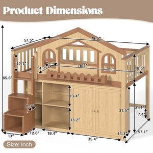 English Elm Full House Shaped Kids Loft Bed Solid Wood Frame with Cabinet Stairs and Shelves Natural MDF,Pine,Plywood W5305S00248