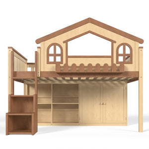 English Elm Full House Shaped Kids Loft Bed Solid Wood Frame with Cabinet Stairs and Shelves Natural MDF,Pine,Plywood W5305S00248