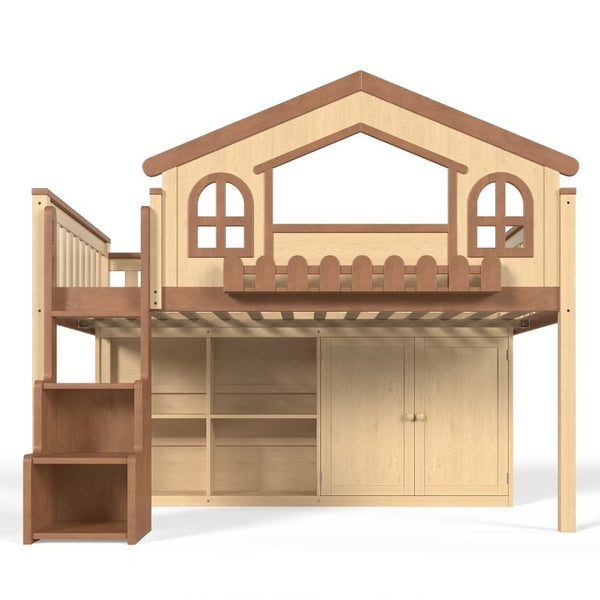 English Elm Full House Shaped Kids Loft Bed Solid Wood Frame with Cabinet Stairs and Shelves Natural MDF,Pine,Plywood W5305S00248
