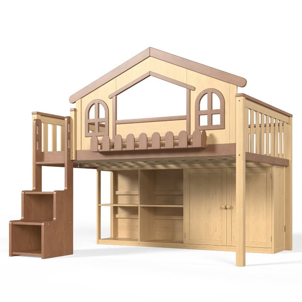 English Elm Full House Shaped Kids Loft Bed Solid Wood Frame with Cabinet Stairs and Shelves Natural MDF,Pine,Plywood W5305S00248