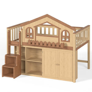 English Elm Full House Shaped Kids Loft Bed Solid Wood Frame with Cabinet Stairs and Shelves Natural MDF,Pine,Plywood W5305S00248
