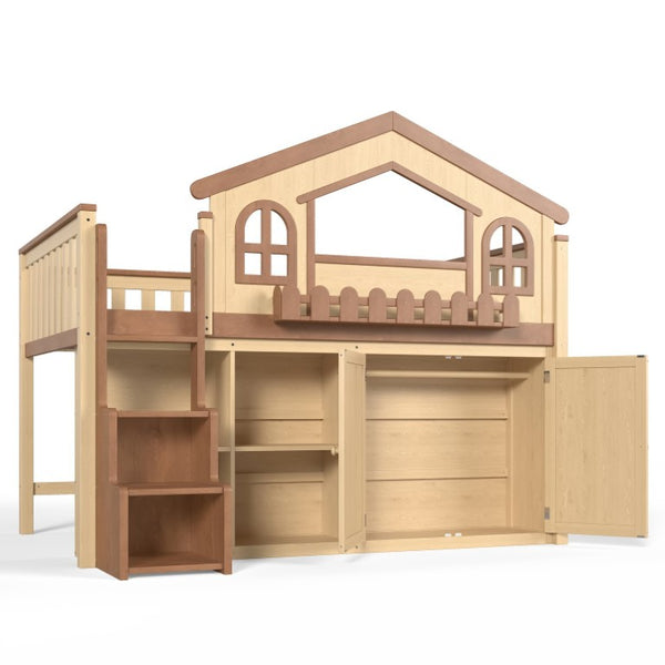 English Elm Full House Shaped Kids Loft Bed Solid Wood Frame with Cabinet Stairs and Shelves Natural MDF,Pine,Plywood W5305S00248