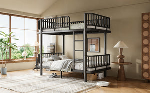 English Elm Full House Shaped Kids Loft Bed Solid Wood Frame with Cabinet Stairs and Shelves Black Metal W5305S00249