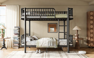 English Elm Full House Shaped Kids Loft Bed Solid Wood Frame with Cabinet Stairs and Shelves Black Metal W5305S00249