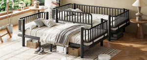 English Elm Full House Shaped Kids Loft Bed Solid Wood Frame with Cabinet Stairs and Shelves Black Metal W5305S00249
