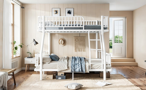 English Elm Twin Over Full Bunk Bed Round Pipe Steel Frame with Guardrails for Kids and Teens Antique White Metal W5305S00254