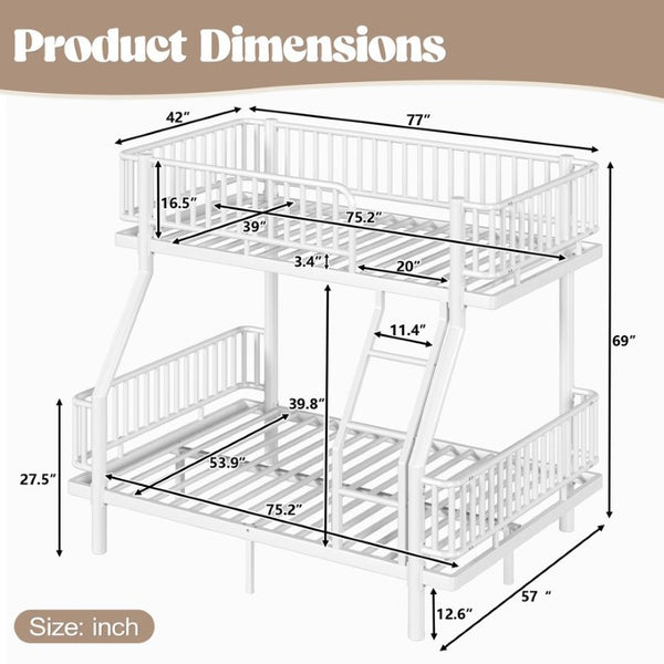 English Elm Twin Over Full Bunk Bed Round Pipe Steel Frame with Guardrails for Kids and Teens Antique White Metal W5305S00254