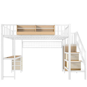 English Elm Queen Over Pine Wood Bunk Bed with Trundle Storage Shelf Converts to Two Platform Beds Antique White 98.43 L x 63.78 W x 66.93 H MDF+Metal W5305S00261