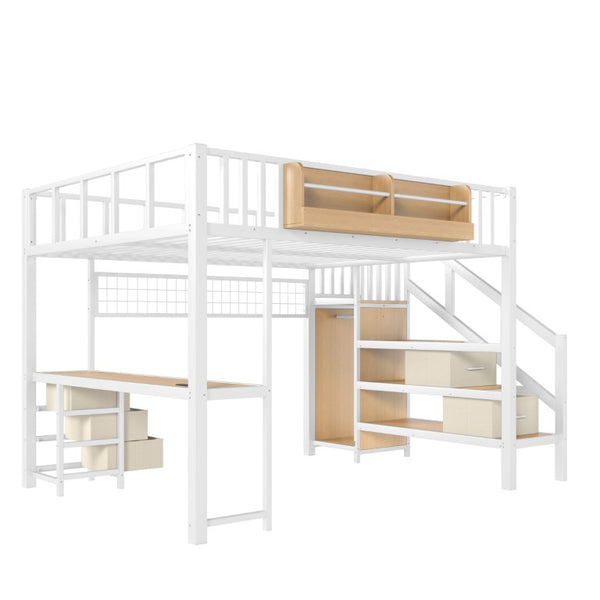 English Elm Queen Over Pine Wood Bunk Bed with Trundle Storage Shelf Converts to Two Platform Beds Antique White 98.43 L x 63.78 W x 66.93 H MDF+Metal W5305S00261