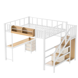 English Elm Queen Over Pine Wood Bunk Bed with Trundle Storage Shelf Converts to Two Platform Beds Antique White 98.43 L x 63.78 W x 66.93 H MDF+Metal W5305S00261