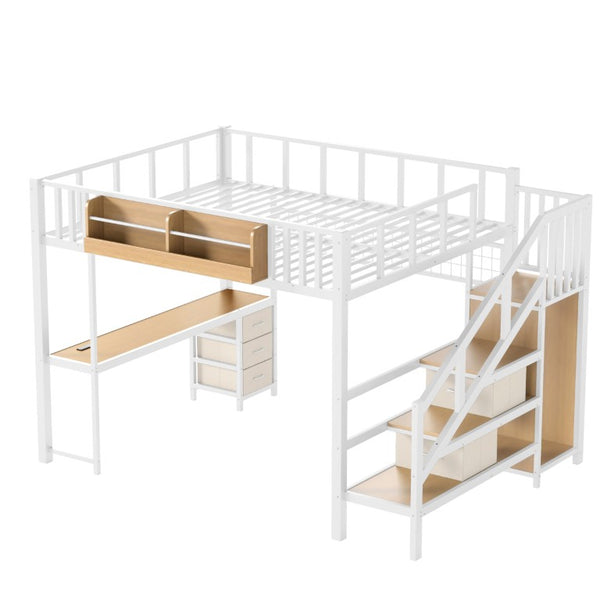 English Elm Queen Over Pine Wood Bunk Bed with Trundle Storage Shelf Converts to Two Platform Beds Antique White 98.43 L x 63.78 W x 66.93 H MDF+Metal W5305S00261