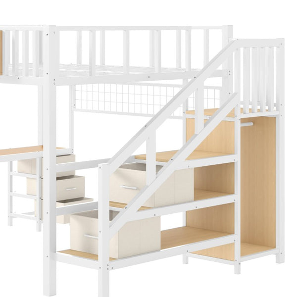 English Elm Queen Over Pine Wood Bunk Bed with Trundle Storage Shelf Converts to Two Platform Beds Antique White 98.43 L x 63.78 W x 66.93 H MDF+Metal W5305S00261