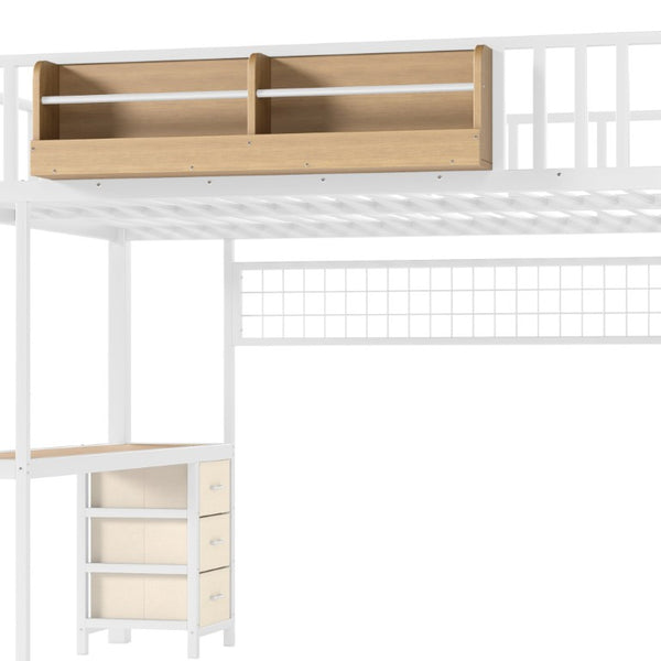 English Elm Queen Over Pine Wood Bunk Bed with Trundle Storage Shelf Converts to Two Platform Beds Antique White 98.43 L x 63.78 W x 66.93 H MDF+Metal W5305S00261