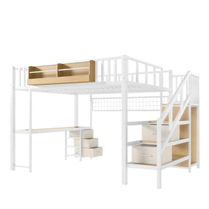 English Elm Queen Over Pine Wood Bunk Bed with Trundle Storage Shelf Converts to Two Platform Beds Antique White 98.43 L x 63.78 W x 66.93 H MDF+Metal W5305S00261