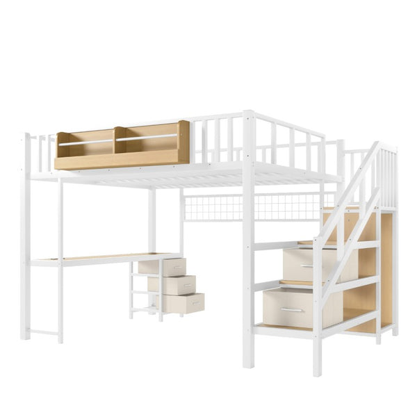 English Elm Queen Over Pine Wood Bunk Bed with Trundle Storage Shelf Converts to Two Platform Beds Antique White 98.43 L x 63.78 W x 66.93 H MDF+Metal W5305S00261