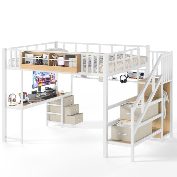 English Elm Queen Over Pine Wood Bunk Bed with Trundle Storage Shelf Converts to Two Platform Beds Antique White 98.43 L x 63.78 W x 66.93 H MDF+Metal W5305S00261