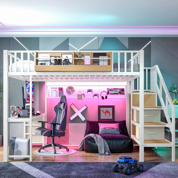 English Elm Queen Over Pine Wood Bunk Bed with Trundle Storage Shelf Converts to Two Platform Beds Antique White 98.43 L x 63.78 W x 66.93 H MDF+Metal W5305S00261