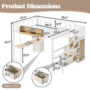 English Elm Queen Over Pine Wood Bunk Bed with Trundle Storage Shelf Converts to Two Platform Beds Antique White 98.43 L x 63.78 W x 66.93 H MDF+Metal W5305S00261