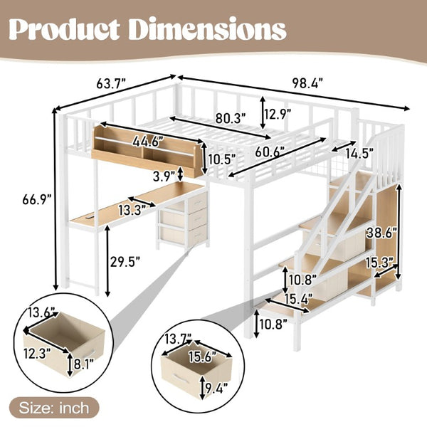 English Elm Queen Over Pine Wood Bunk Bed with Trundle Storage Shelf Converts to Two Platform Beds Antique White 98.43 L x 63.78 W x 66.93 H MDF+Metal W5305S00261