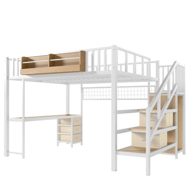 English Elm Queen Over Pine Wood Bunk Bed with Trundle Storage Shelf Converts to Two Platform Beds Antique White 98.43 L x 63.78 W x 66.93 H MDF+Metal W5305S00261