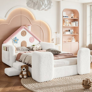 English Elm Queen Over Pine Wood Bunk Bed with Trundle Storage Shelf Converts to Two Platform Beds White+Pink 81.89 L x 43.11 W x 37.6 H Teddy W5305S00262