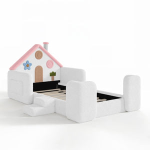 English Elm Queen Over Pine Wood Bunk Bed with Trundle Storage Shelf Converts to Two Platform Beds White+Pink 81.89 L x 43.11 W x 37.6 H Teddy W5305S00262