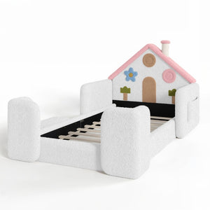 English Elm Queen Over Pine Wood Bunk Bed with Trundle Storage Shelf Converts to Two Platform Beds White+Pink 81.89 L x 43.11 W x 37.6 H Teddy W5305S00262