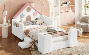 English Elm Queen Over Pine Wood Bunk Bed with Trundle Storage Shelf Converts to Two Platform Beds White+Pink 81.89 L x 43.11 W x 37.6 H Teddy W5305S00262