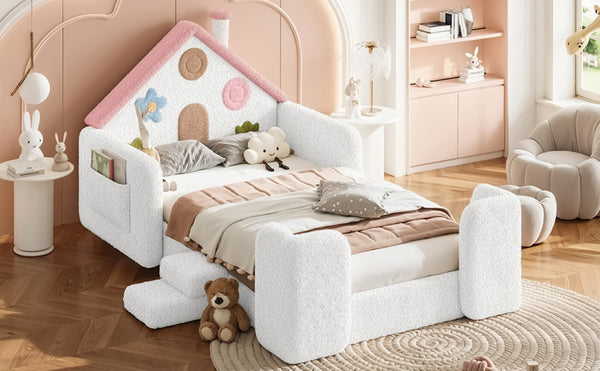 English Elm Queen Over Pine Wood Bunk Bed with Trundle Storage Shelf Converts to Two Platform Beds White+Pink 81.89 L x 43.11 W x 37.6 H Teddy W5305S00262