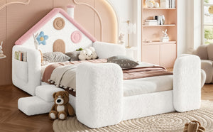 English Elm Queen Over Pine Wood Bunk Bed with Trundle Storage Shelf Converts to Two Platform Beds White+Pink 81.89 L x 43.11 W x 37.6 H Teddy W5305S00262