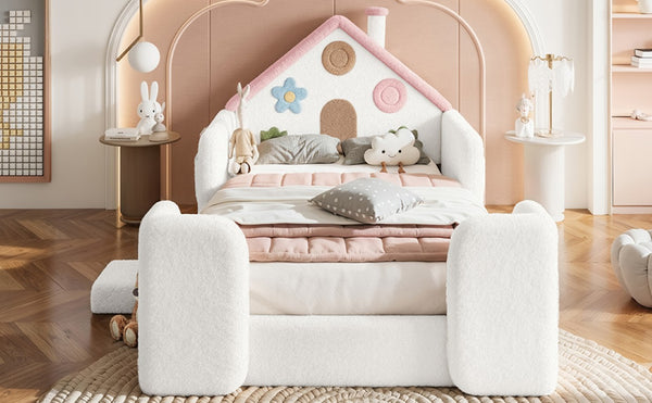 English Elm Queen Over Pine Wood Bunk Bed with Trundle Storage Shelf Converts to Two Platform Beds White+Pink 81.89 L x 43.11 W x 37.6 H Teddy W5305S00262