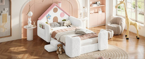 English Elm Queen Over Pine Wood Bunk Bed with Trundle Storage Shelf Converts to Two Platform Beds White+Pink 81.89 L x 43.11 W x 37.6 H Teddy W5305S00262