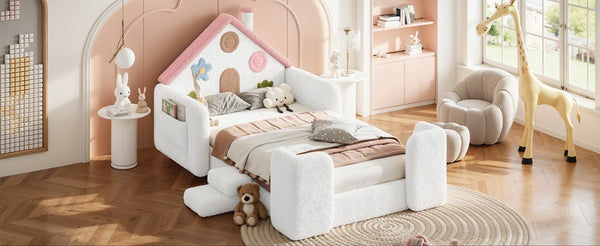 English Elm Queen Over Pine Wood Bunk Bed with Trundle Storage Shelf Converts to Two Platform Beds White+Pink 81.89 L x 43.11 W x 37.6 H Teddy W5305S00262