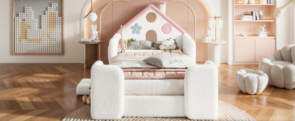 English Elm Queen Over Pine Wood Bunk Bed with Trundle Storage Shelf Converts to Two Platform Beds White+Pink 81.89 L x 43.11 W x 37.6 H Teddy W5305S00262
