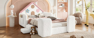 English Elm Queen Over Pine Wood Bunk Bed with Trundle Storage Shelf Converts to Two Platform Beds White+Pink 81.89 L x 43.11 W x 37.6 H Teddy W5305S00262